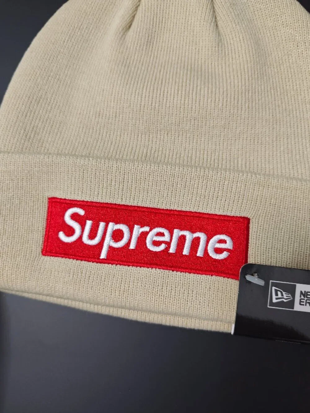 Supreme New Era Beige Red Logo Beanie